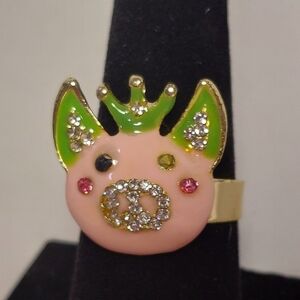 MISSING STONE King Queen Royal Pink Crowned Pig Enamel Rhinestones Ring 7.75